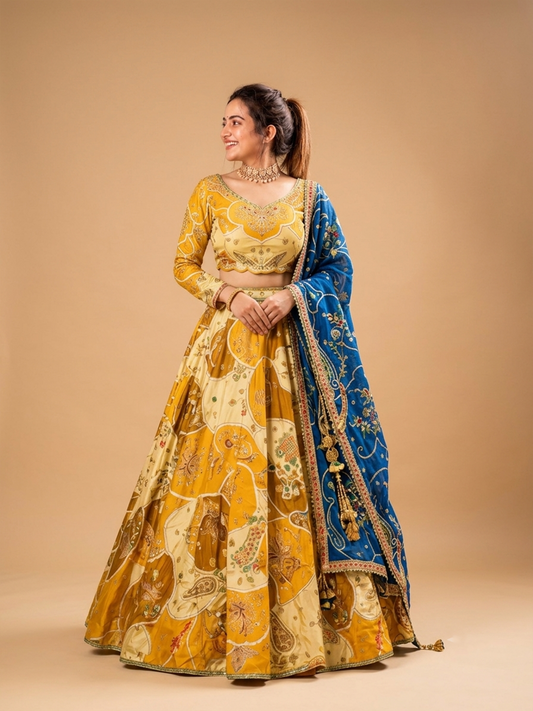 Yellow MultiColor Lehenga Set With Dupatta