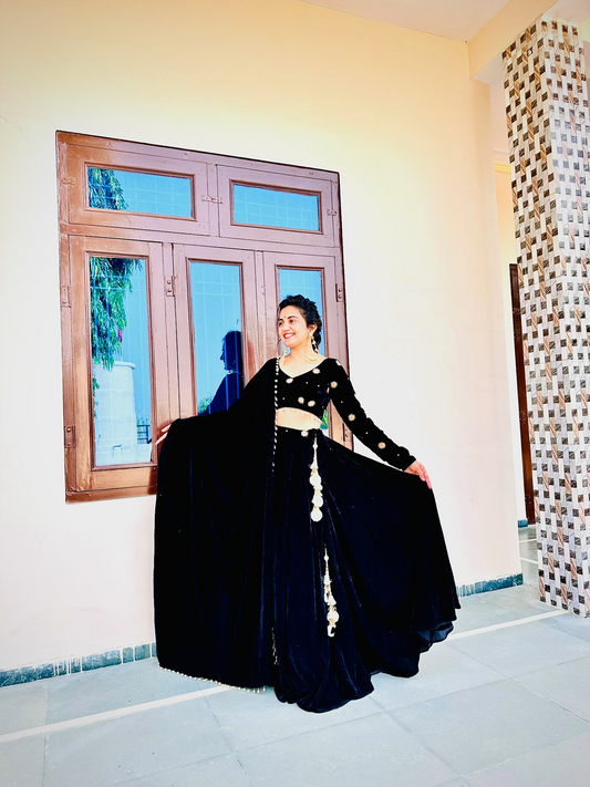 Black Velvet Lehenga With Hand Work Blouse Set