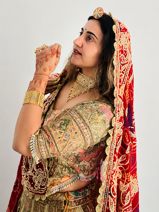Beautiful Ivory Multicolor Lehenga with Kurti style blouse Set with Dupatta