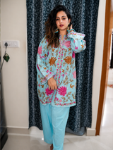 Sky Blue Floral Print Farshi Salwar Suit