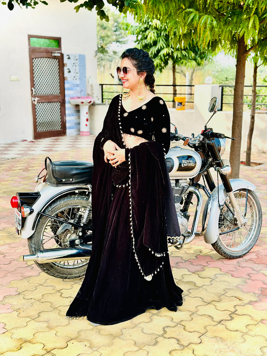 Black Velvet  Lehenga With Hand Work Blouse Set