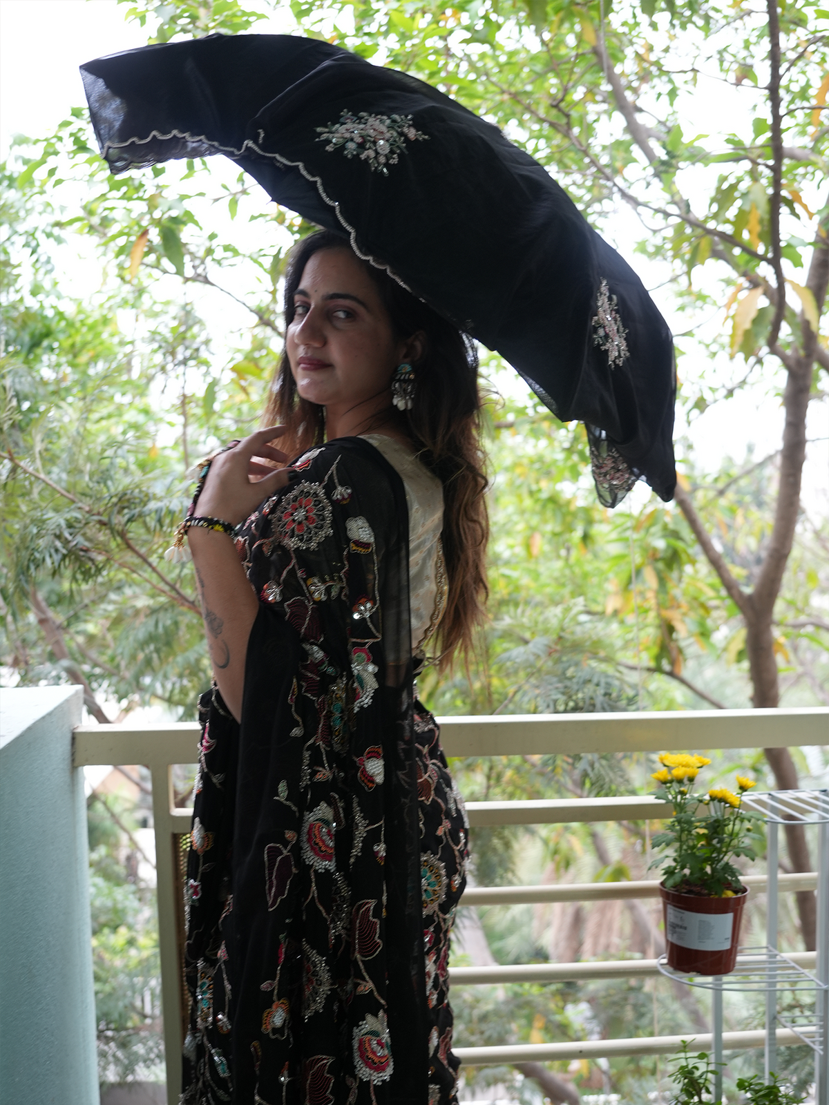 Black Hand Work Saree Set