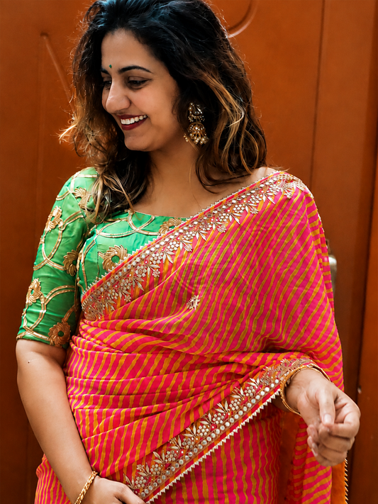 Orange Leheriya Saree Blouse Set