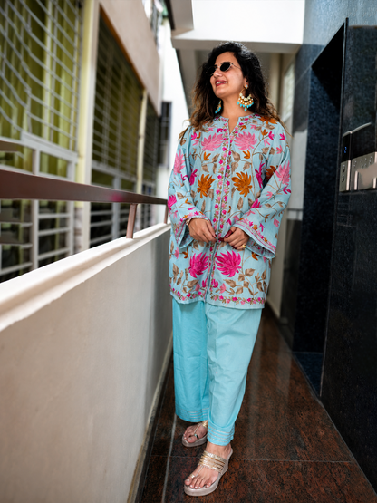 Sky Blue Floral Print Farshi Salwar Suit