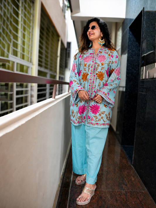 Sky Blue Floral Print Farshi Salwar Suit