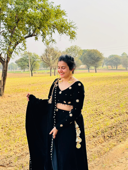 Black Velvet  Lehenga With Hand Work Blouse Set