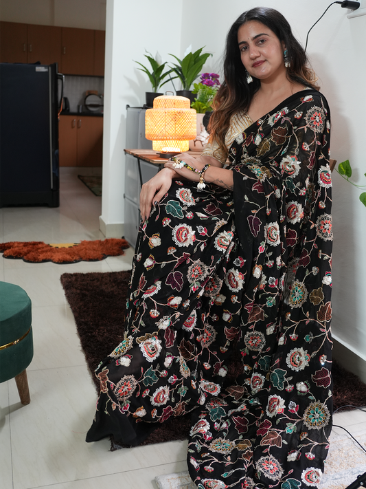 Black Hand Work Saree Set