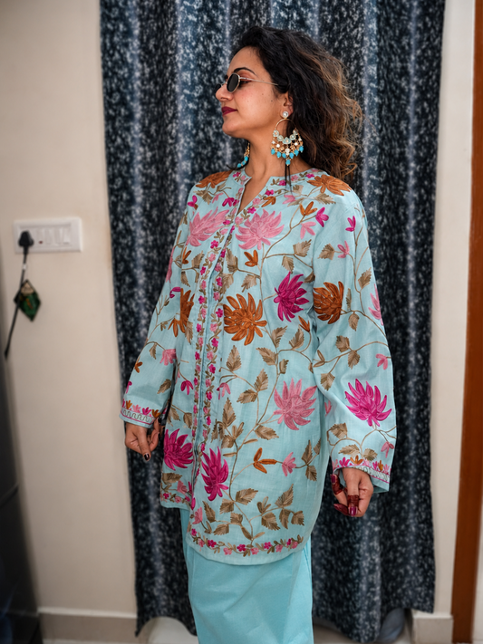 Sky Blue Floral Print Farshi Salwar Suit