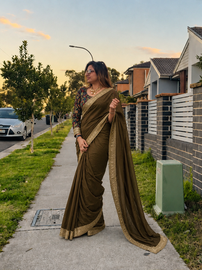 Coffee Velvet Saree Set