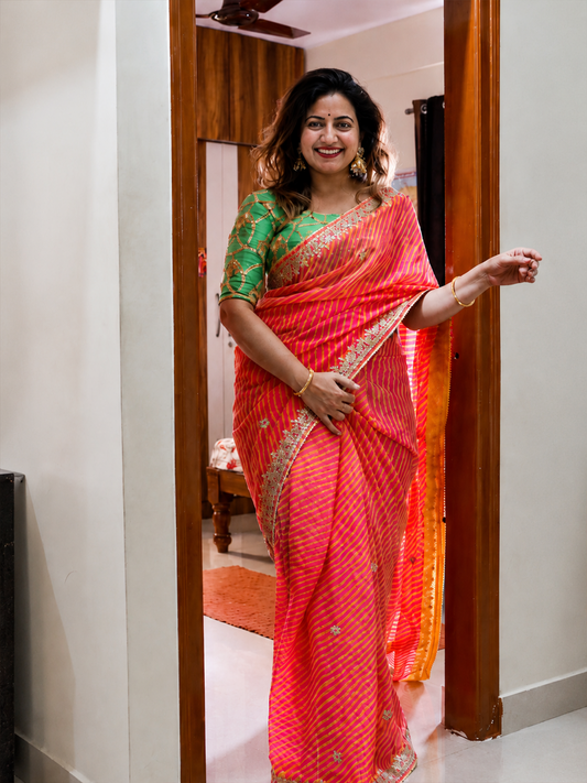 Orange Leheriya Saree Blouse Set