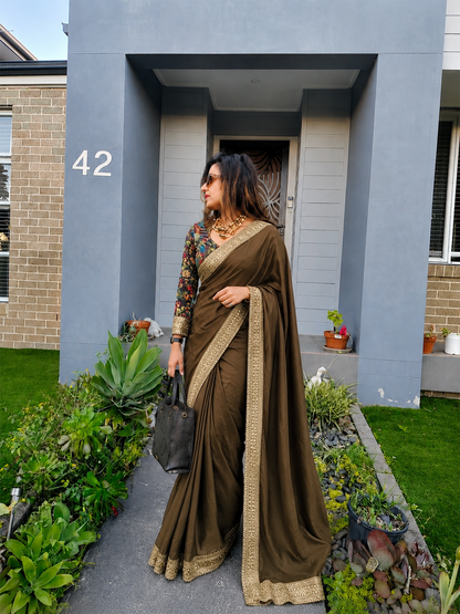 Coffee Velvet Saree Set