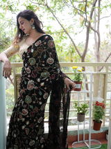 Black Hand Work Saree Set