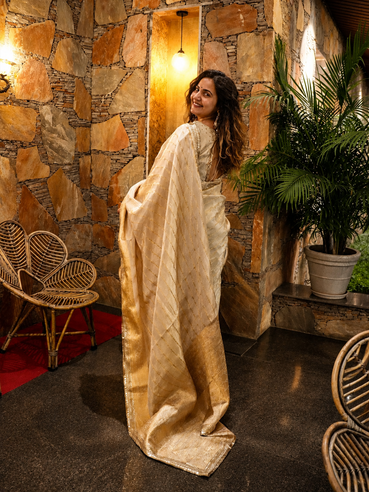 Golden Saree With Aangi Blouse Set