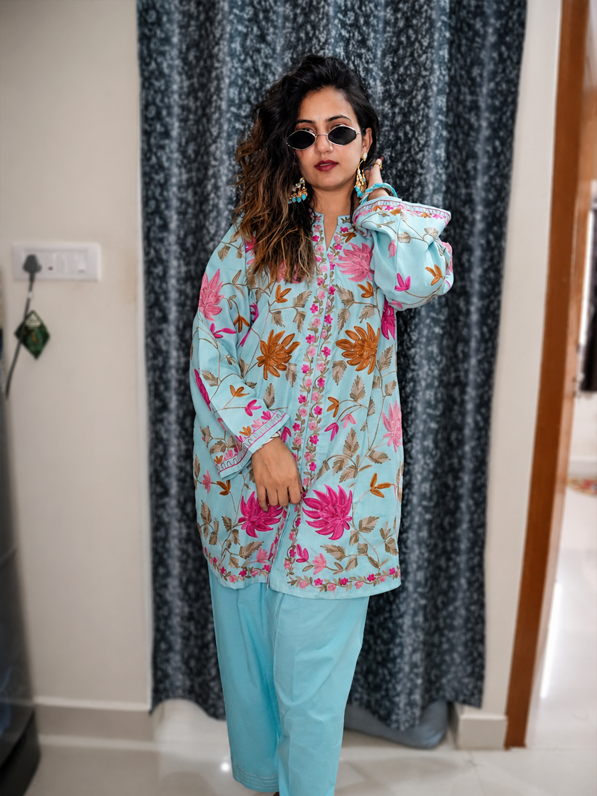 Sky Blue Floral Print Farshi Salwar Suit