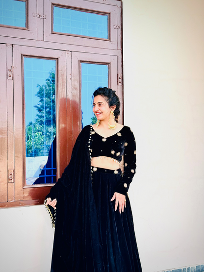 Black Velvet  Lehenga With Hand Work Blouse Set