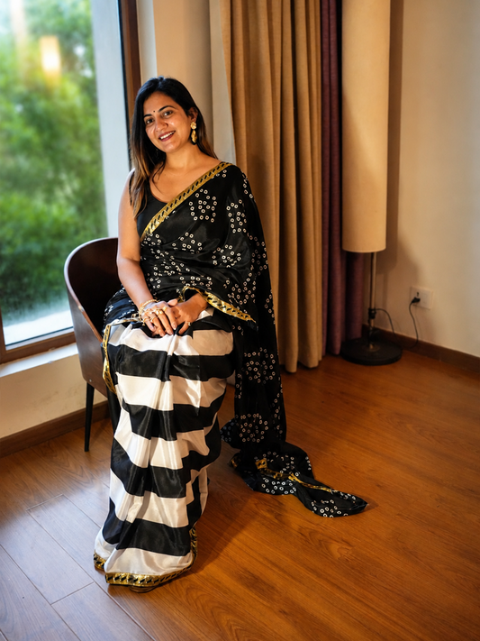 Black & White Bhandej Saree Blouse Set