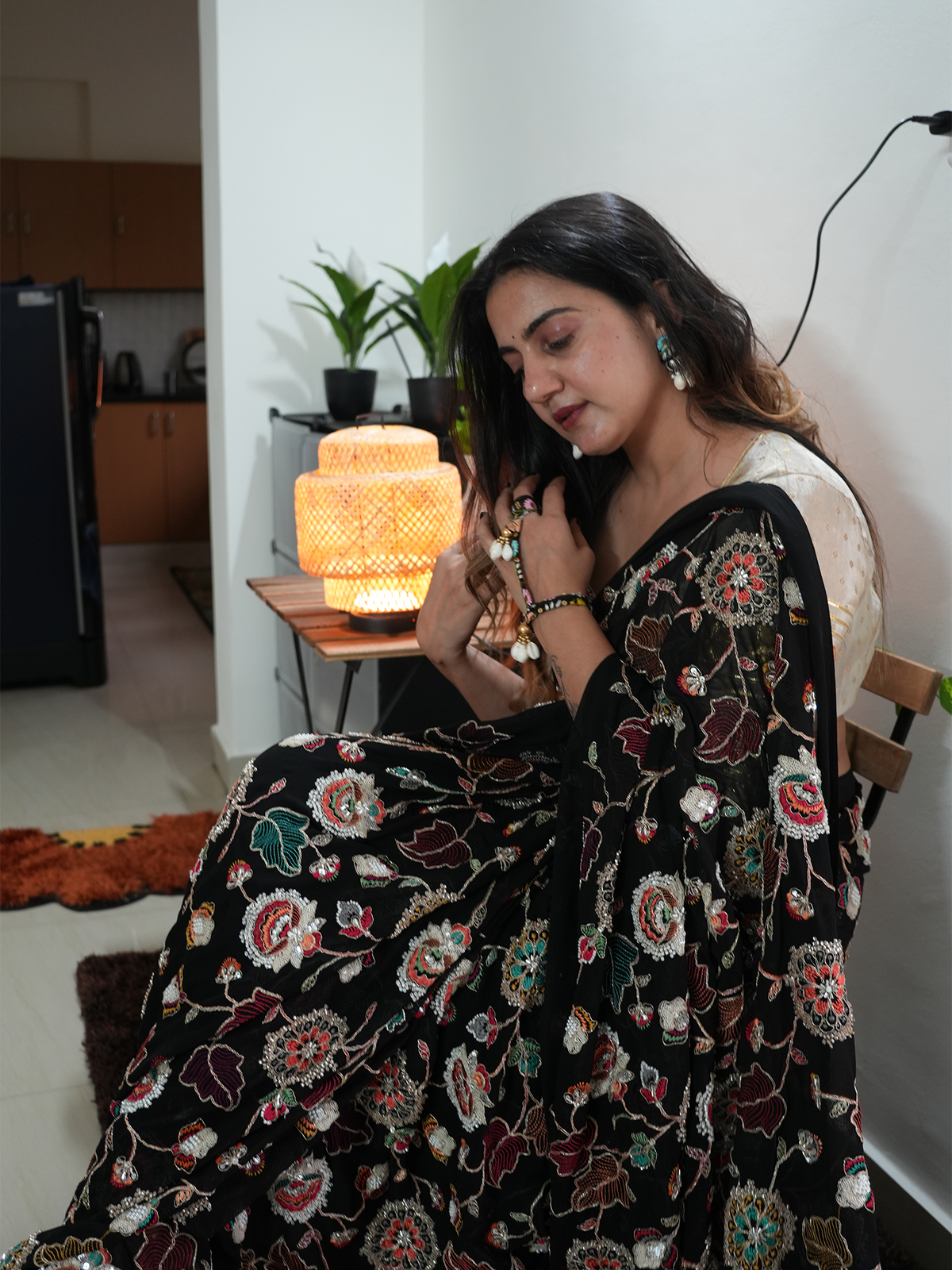 Black Hand Work Saree Set