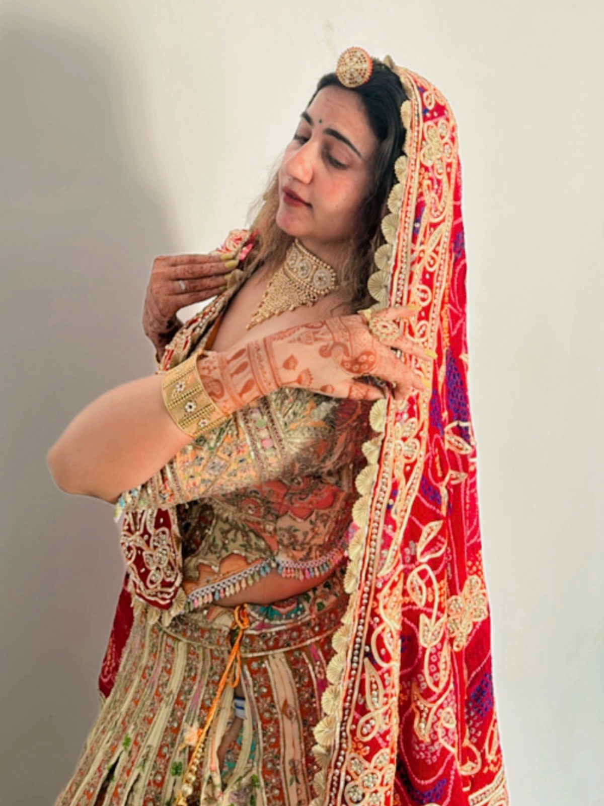 Beautiful Ivory Multicolor Lehenga with Kurti style blouse Set with Dupatta