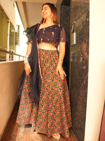 Beautiful Blue & Red Multicolor Lehenga Set with Desginer Blouse With Dupatta