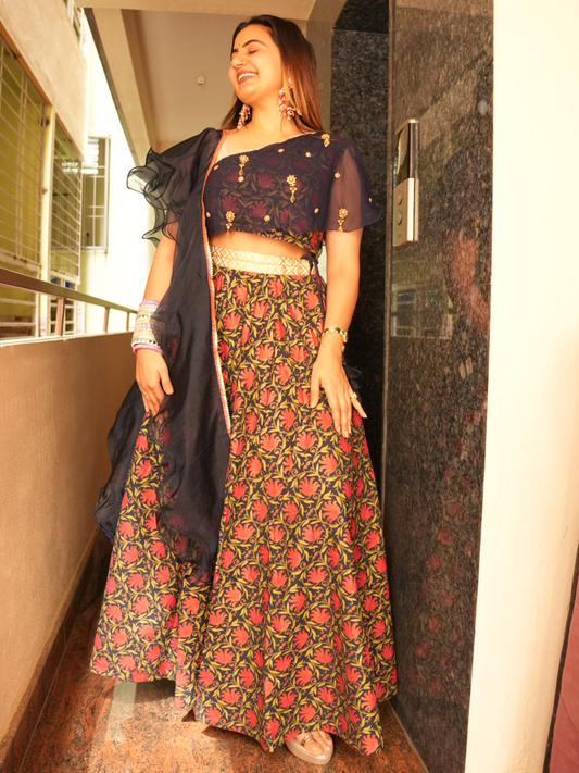 Beautiful Blue & Red Multicolor Lehenga Set with Desginer Blouse With Dupatta