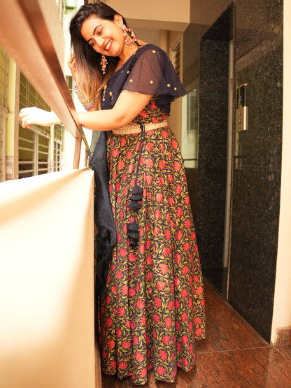 Beautiful Blue & Red Multicolor Lehenga Set with Desginer Blouse With Dupatta