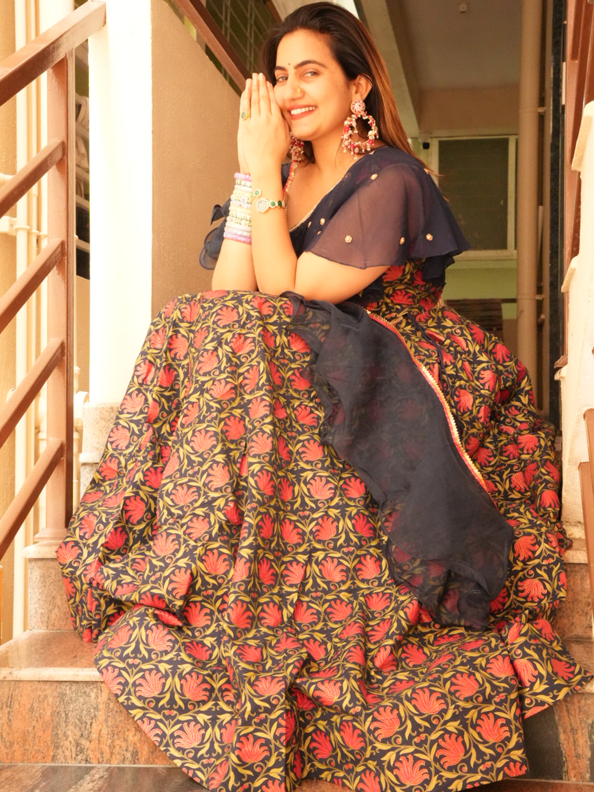 Beautiful Blue & Red Multicolor Lehenga Set with Desginer Blouse With Dupatta