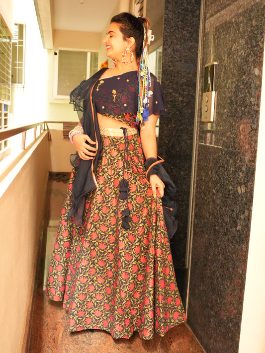 Beautiful Blue & Red Multicolor Lehenga Set with Desginer Blouse With Dupatta