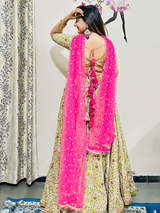Beautiful Mehendi Green & Rani Color Lehenga Set wtih Dupatta