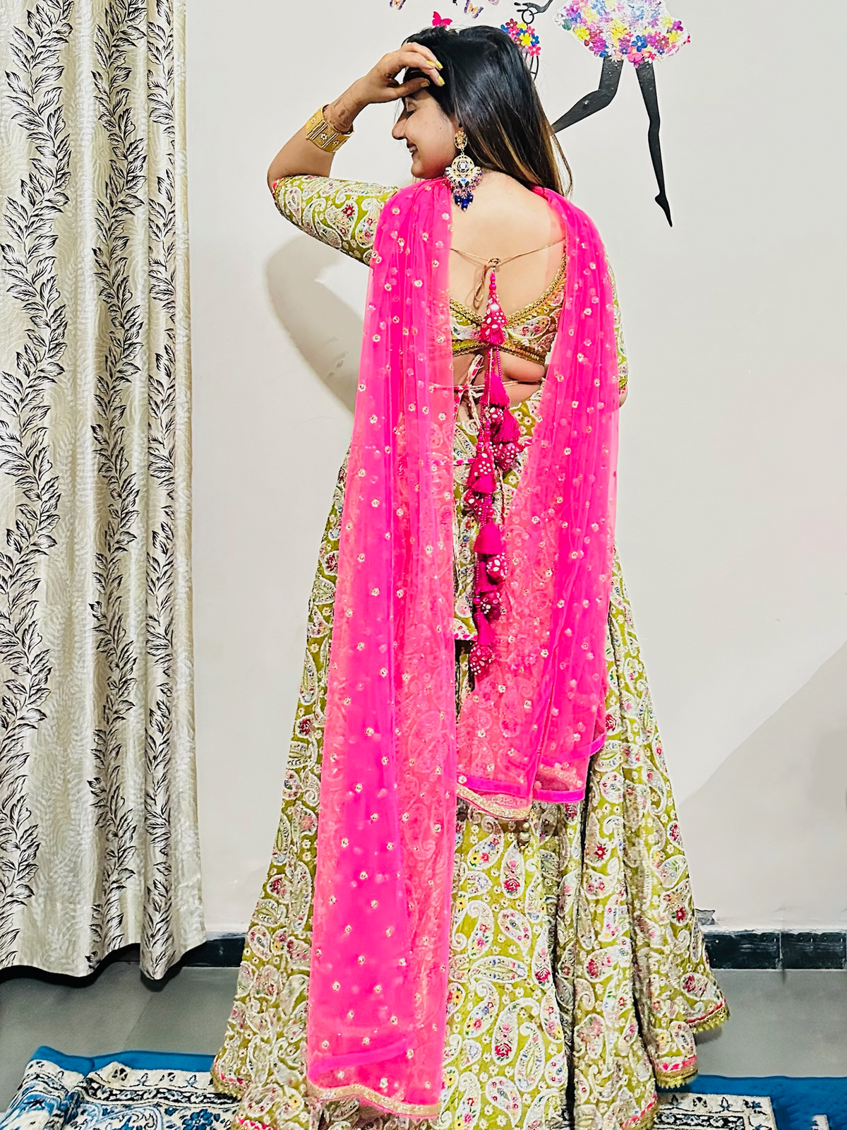 Beautiful Mehendi Green & Rani Color Lehenga Set wtih Dupatta