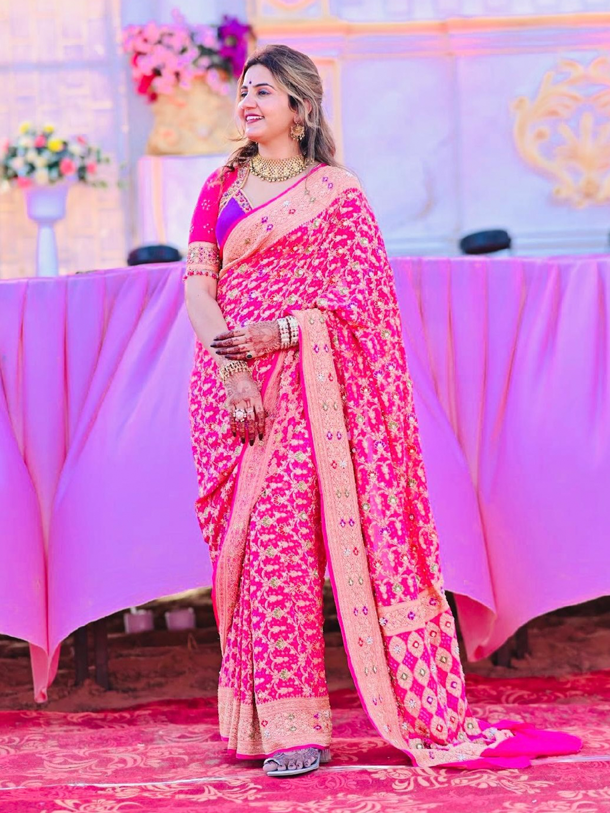 Rani Hand Work Saree With Designer Blouse Set