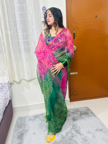 Leheriya Rani Green Saree With Aangi Style Blouse