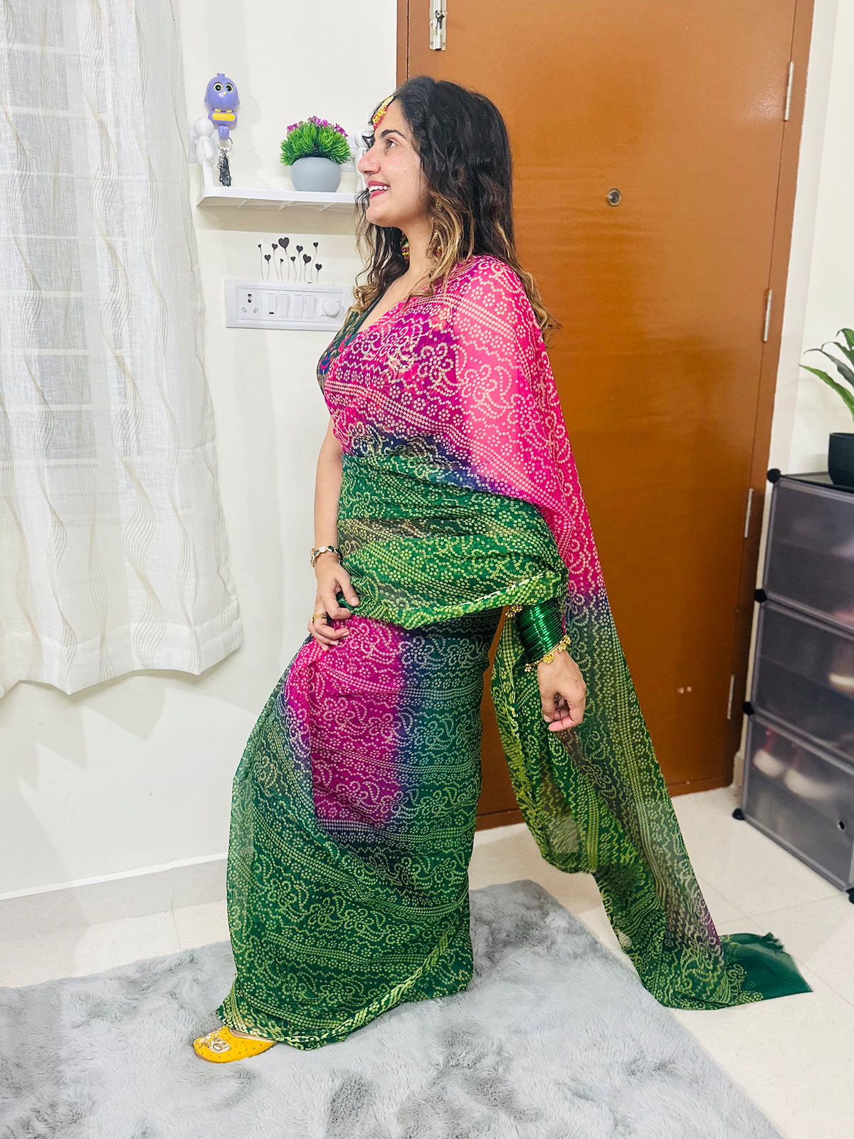 Leheriya Rani Green Saree With Aangi Style Blouse
