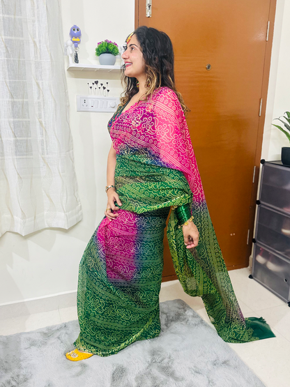 Leheriya Rani Green Saree With Aangi Style Blouse
