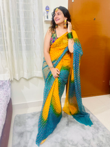 Leheriya Yellow Rama Green Saree With Aangi Style Blouse