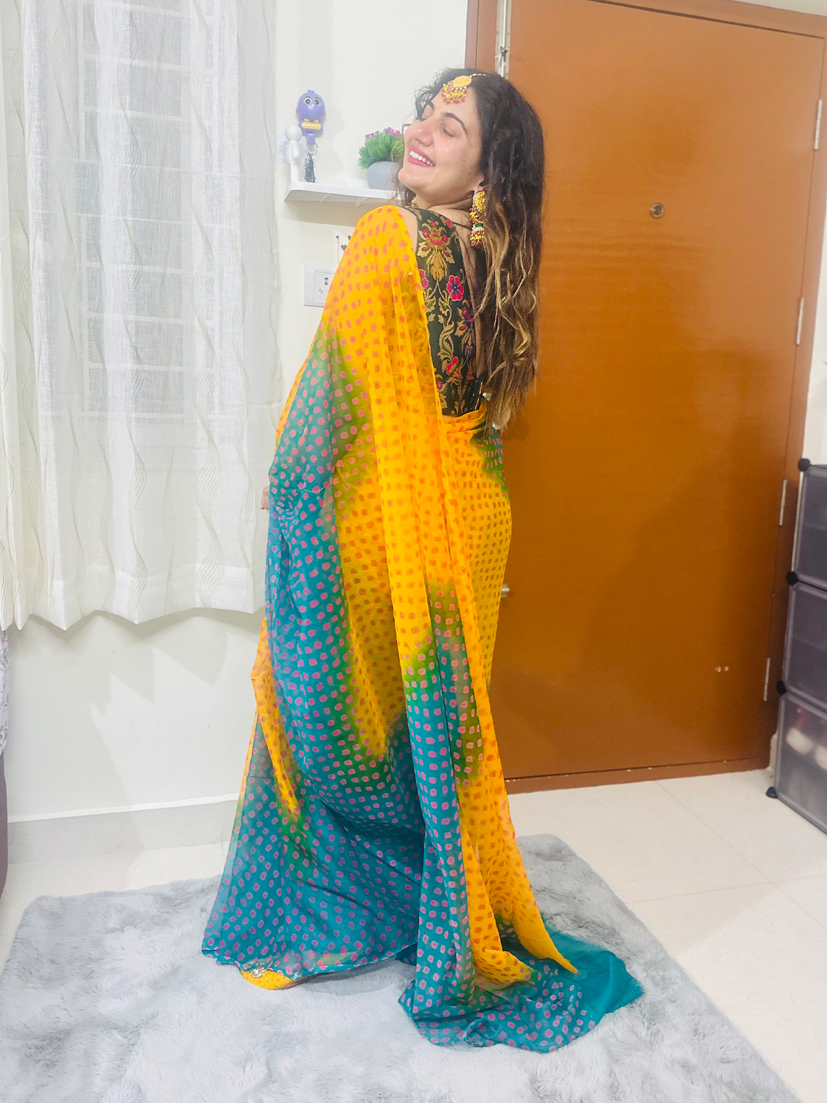 Leheriya Yellow Rama Green Saree With Aangi Style Blouse