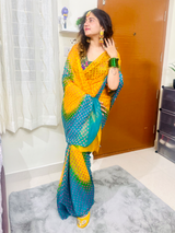 Leheriya Yellow Rama Green Saree With Aangi Style Blouse