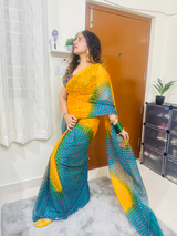 Leheriya Yellow Rama Green Saree With Aangi Style Blouse