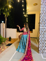Beautiful Rama Green Multicolor Lehenga with Rani Kurti style blouse set with Dupatta
