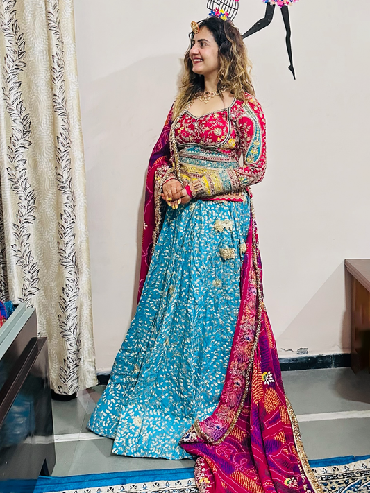 Beautiful Rama Green Multicolor Lehenga with Rani Kurti style blouse set with Dupatta