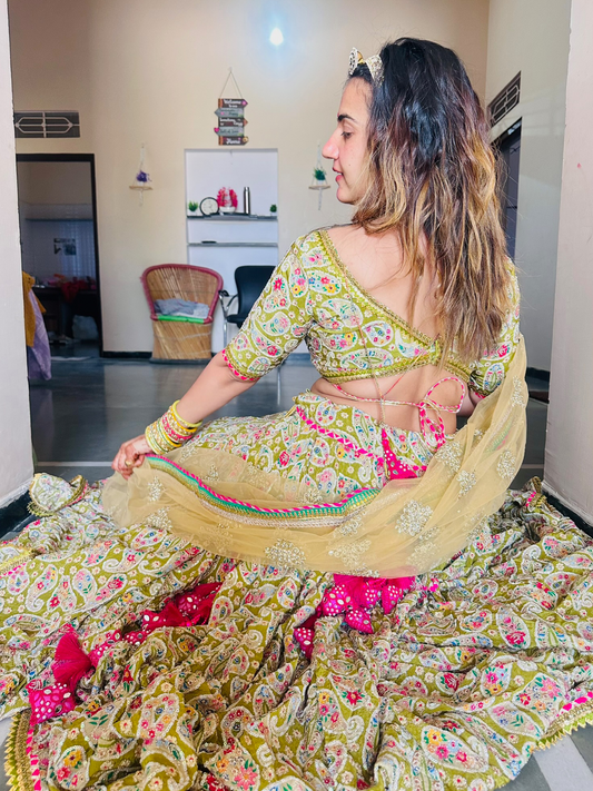 Beautiful Mehendi Green & Rani Color Lehenga Set wtih Dupatta