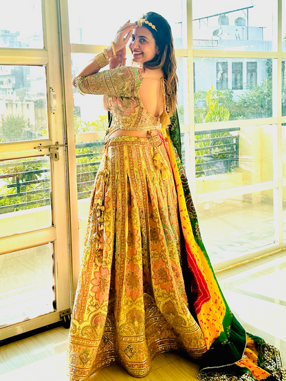 Beautiful Ivory Multicolor Lehenga with Kurti style blouse Set with Dupatta