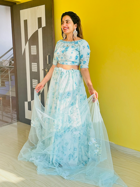 Beautiful Sky Blue Lehenga Set With Dupatta