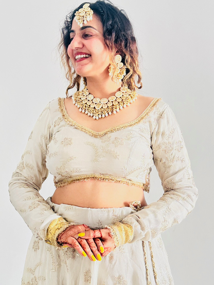 Beautiful Off-White Hand Work With Full Sleeves Blouse and Dupatta