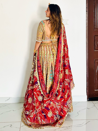 Beautiful Ivory Multicolor Lehenga with Kurti style blouse Set with Dupatta