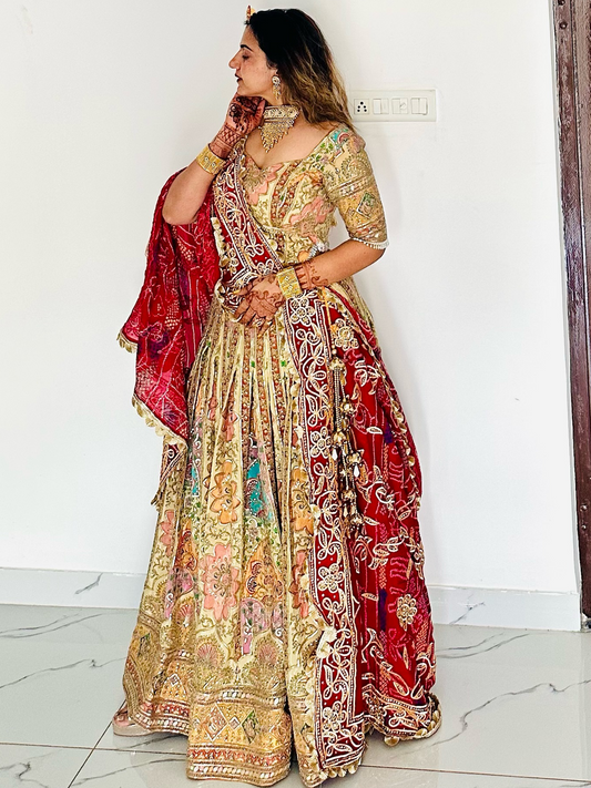 Beautiful Ivory Multicolor Lehenga with Kurti style blouse Set with Dupatta