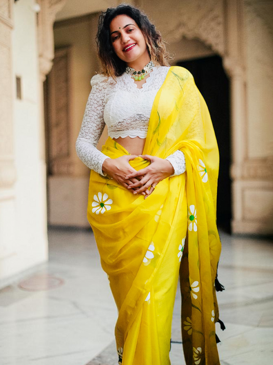 Yellow White Saree Set
