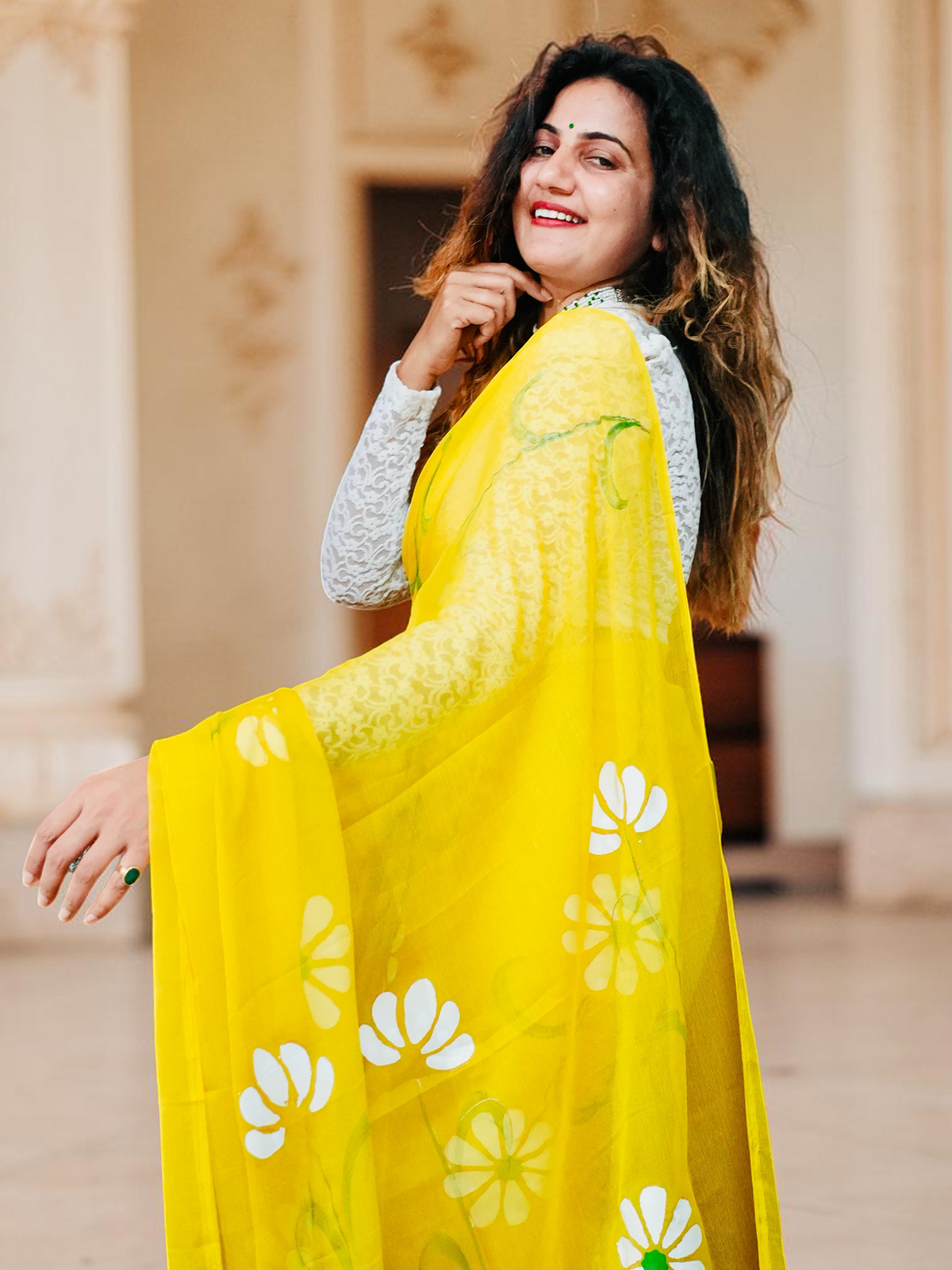 Yellow White Saree Set