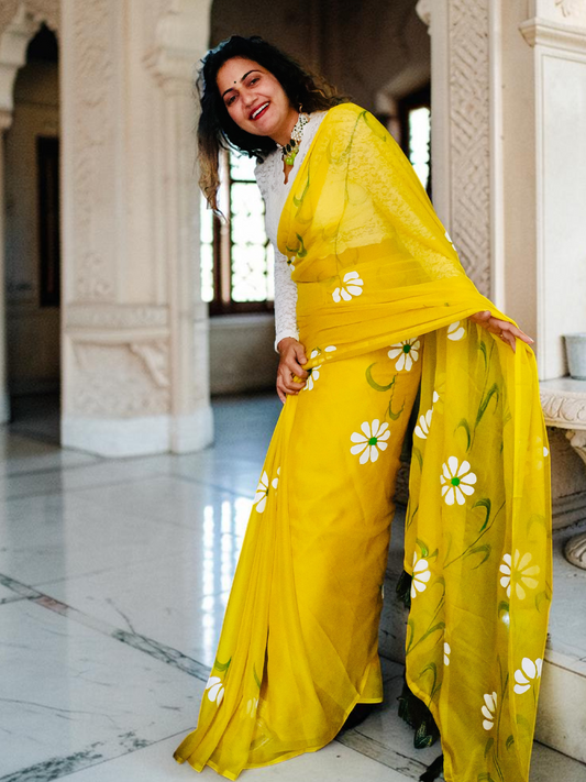 Yellow White Saree Set