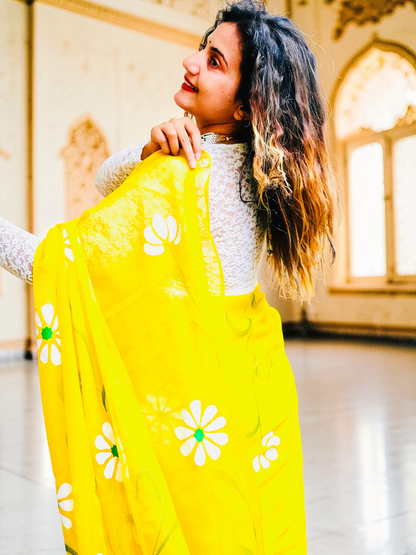 Yellow White Saree Set